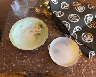 Victorian hand painted plates and bowls, silk obies