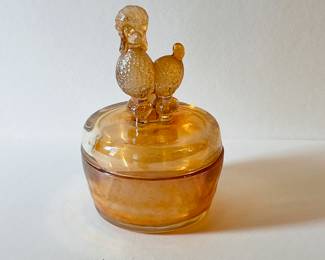 JEANETTE GLASS MARIGOLD CARNIVAL GLASS POODLE POWDER JAR