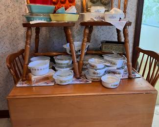 LIGHT MAPLE DROP LEAF TABLE WITH SIX CHAIRS - PYREX AND CORNING WARE COLLECTION
