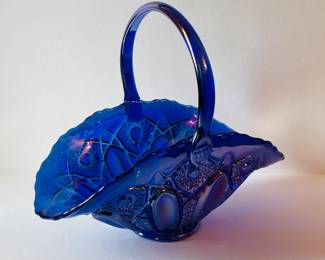 L E SMITH COBALT BLUE CARNIVAL GLASS WEDDING BASKET