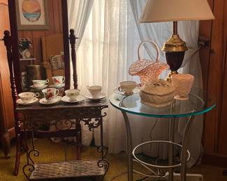 SWIVEL MIRROR, GLASS AND METAL SIDE TABLE