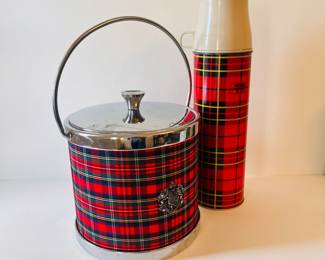 RED PLAID ICE BUCKET AND THERMOS