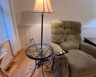 ROUND GLASS AND METAL SIDE TABLE AND LIFT CHAIR (TWO AVAILABLE)