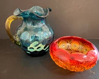 HAND BLOWN GLASS THUMBPRINT PITCHER AND LE SMITH MOON AND STARS AMBERINA BOWL