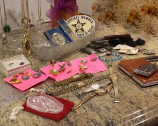 Ronson Varaflame Jet Lighter and Cigarette Case, Pins, Necklaces, Lion Bracelet, Shoe Clips, Golf Items, Waterford Ornament, Druzy