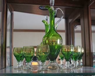 Italian Decanter with Green Gold Sherry Glasses