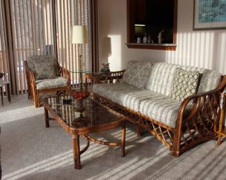 Rattan Sofa, Coffee Table Chair, Table and Lamp