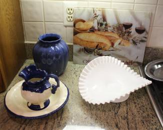 Cutting Board, Vase, Milk Glass Fruit Dish