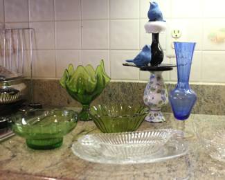 Green Art Glass, Serving Dish, Novelty Dish and Blue Vase