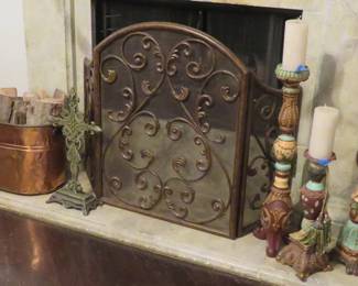 Copper tub, cross, fireplace cover, candle holders