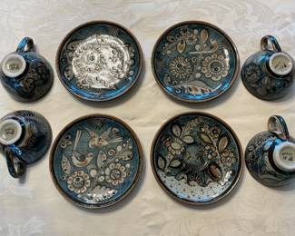 Ken Edwards Mexican Tonala vintage set of 4 coffee cups and saucers, incredible condition, highly decorative petitillo work.  Already packaged and wrapped, please inquire if interested.