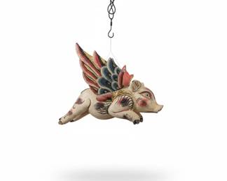 Carved Wooden Flying Pig Sculpture 