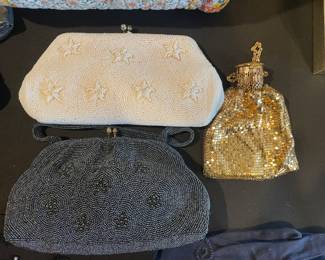 Whiting & Davis mesh pouch, Marshall Field beaded bag vintage