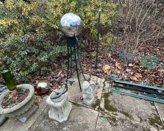 Rome Stainless Steel Gazing Ball with Tripod Pedestal and assort garden art