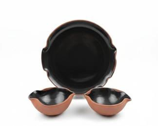 MidCentury Modern Terracotta and Black Ceramic Serving Platter and Bowl Set 