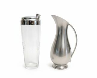 Vintage Etched Glass Cocktail Shaker with Wheat Sheaf Design and Pewter Pitcher 