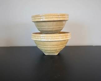 Set of Two Yellow Ware Mixing Bowls with Windowpane Pattern 