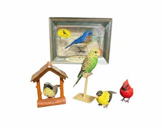 Collection of Realistic Bird Figurines Breezy Singers Bluebird, Parakeet, Yellow Bird, Cardinal, and Bird Feeder 