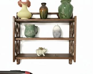 Chinese Chippendale Style Mahogany Wall Shelf with Assorted Ceramic Hull and Fenton Vases and Figurines 