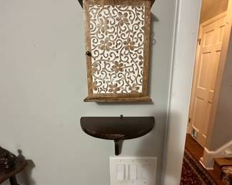 Carved Wood Key Cabinet with Floral Inlay and Shelf 