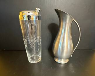 Vintage Etched Glass Cocktail Shaker and Metal Pitcher 