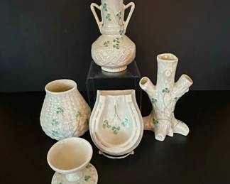 Collection of Five Belleek Vases with Shamrock 