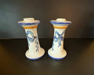 Pair of Italian Ceramic Candlesticks with Blue Ribbon Motif 