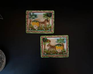 Pair of Vintage Ceramic Wall Plaques with Horse and Cart Scene