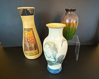 Collection of Three Decorative Vases Peruvian Llama, HandPainted Bird, and Gradient Glazed Urn 