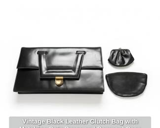 Vtg. Black leather clutch bag with matching coin purse and cosmetic bag
