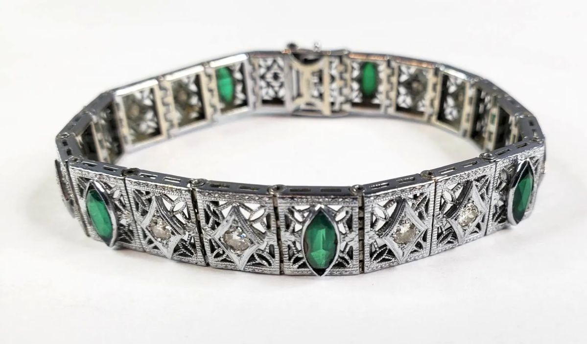 A Diamond  Emerald 14K Gold Art Deco Filligree Bracelet