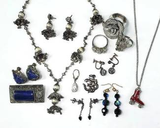 Vintage Silvertone, Crystal, Rings, Pin, Earrings