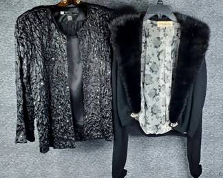 Sequined Black Top Camisole Set, Fur Collared Jeweled Cashmere Sweater