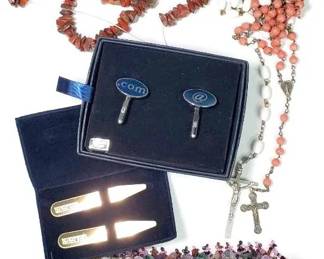 Mixed LotRed Jasper Chip Beads, Sterling Cuff Links, Collar Stays, Rosaries, Gem Bead Bracelet