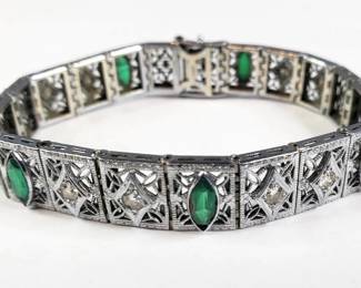 A Diamond  Emerald 14K Gold Art Deco Filligree Bracelet