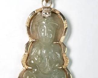 18K Gold and Diamond Jade Buddha Guanyin Pendant