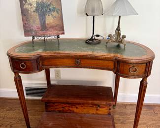 Vintage kidney shaped desk and two-step stool with upper storage under top step