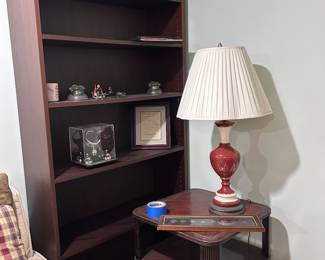 Tall wood book case, side table, lamp