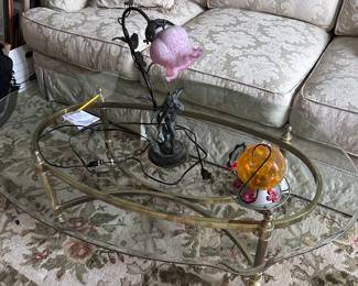 Sofa, glass coffee table, lamp