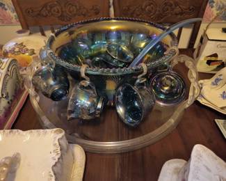 Carnival glass punch bowl set