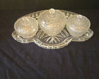 Antique Crystal Condiment Set with Tray