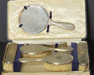 Antique British Sterling Silver Complete Vanity Set in Original Case