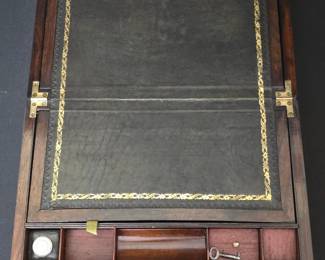 Victorian Rosewood Writing Desk with Inkwells and Key