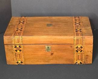 Victorian Portable Writing Slope with Marquetry Inlay,  Inkwells and Key