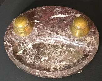 Antique Marble and Brass Inkwell Set