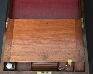 Victorian Rosewood Writing Desk with Inkwells and Key