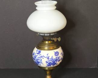 Antique Blue and White Floral Oil Lamp