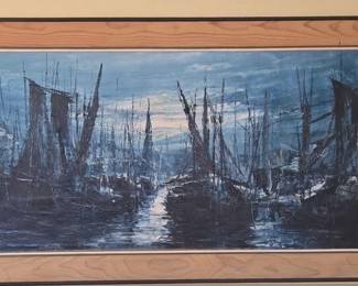 Artist V. Lail Impasto Oil Painting of a Harbor Scene