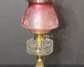 Victorian Oil Lamp with Frosted Pink Floral Shade