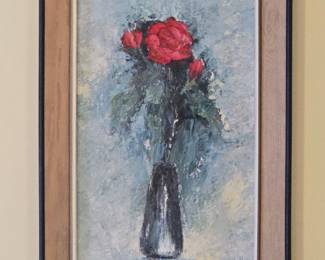 Artist V. Lail Impasto Painting of Roses in a Vase